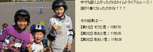 中でも盛り上がったのはタイムトライアルレース！！　誰が1番になったのかな？？？　その結果は・・・　【第1位】 そうた君 ： 10秒70　【第2位】 あおと君 ： 11秒25　【第3位】 あおい君 ： 11秒28 